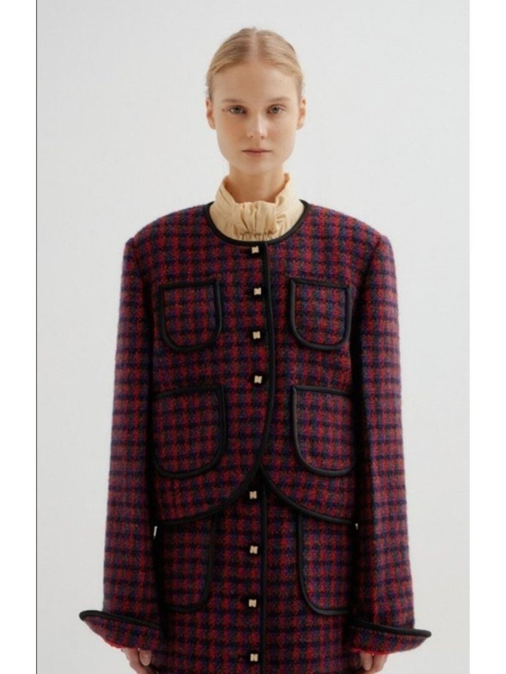 EENK Twice Check Paneled Short Jacket Red Multicolor Tweed Small